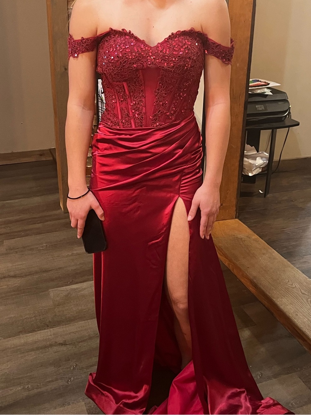Off-Shoulder Burgundy Lace Bodice Evening Gown - Picture 2 of 3